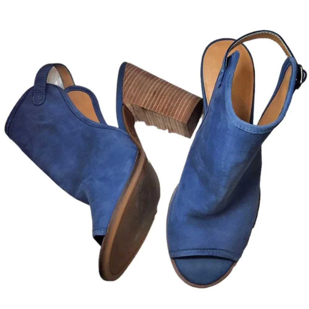 Lucky Brand Blue Peep Toe Block Stacked Ankle Heel Booties Shoes Sandals 8.5